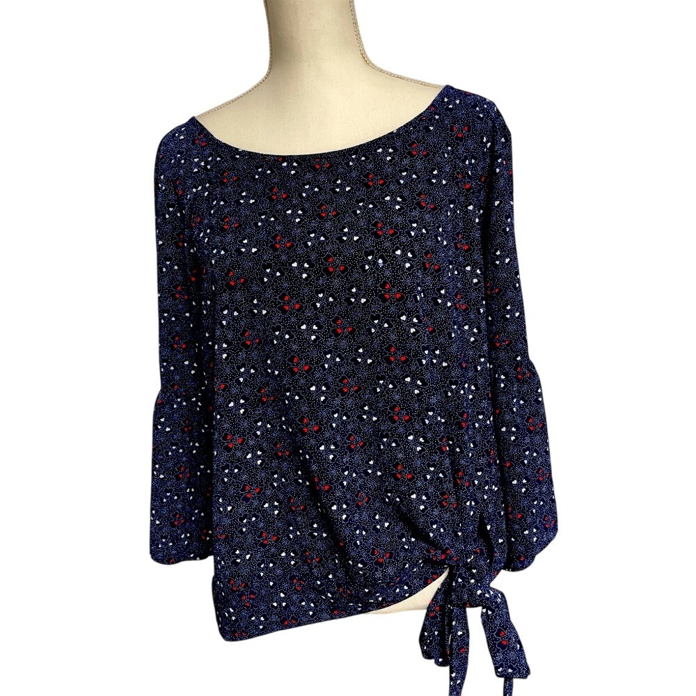Michael Kors Bell Sleeve Navy Red Tie Front Blouse Women's Large